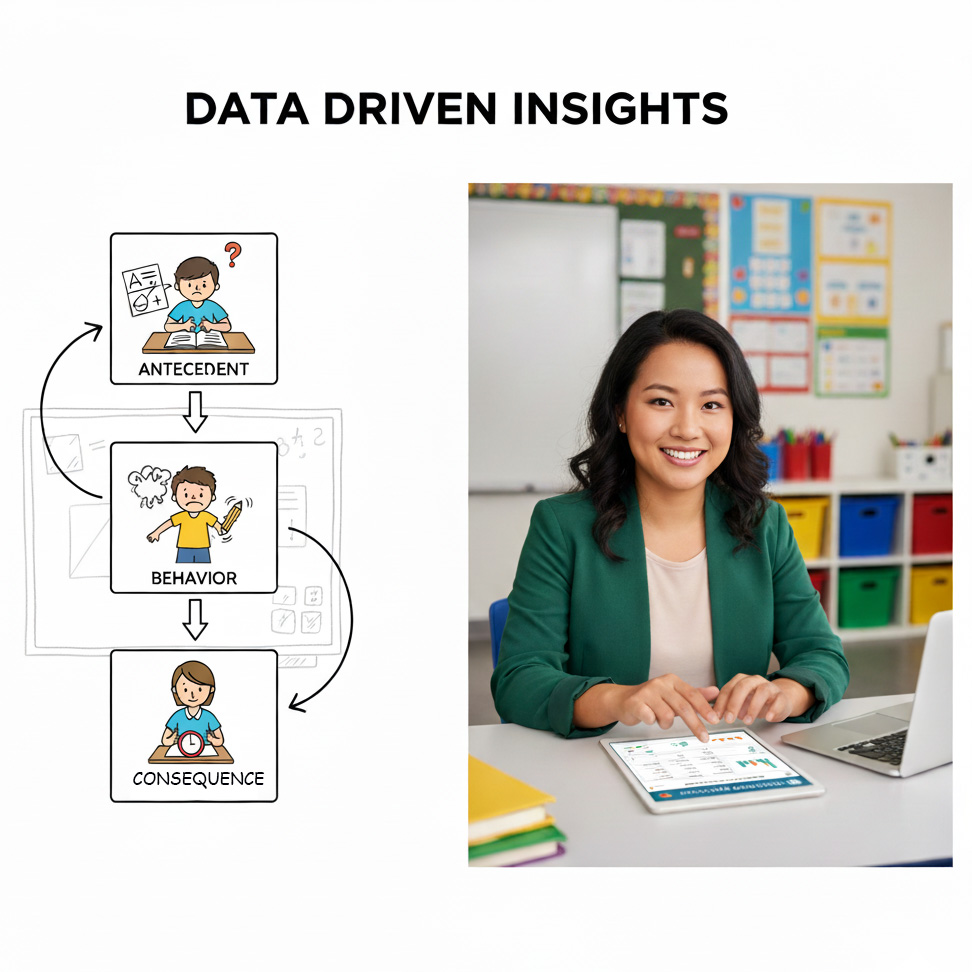 ABC Data Collection diagram showing the cycle of Antecedent, Behavior, and Consequence with a teacher using digital data analytics