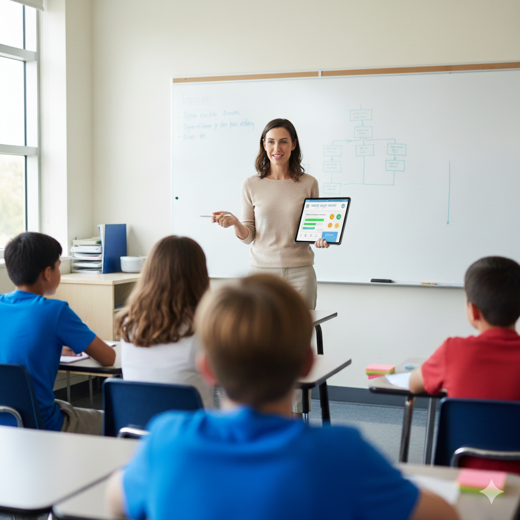 Teacher seamlessly tracking student behavior on tablet while teaching